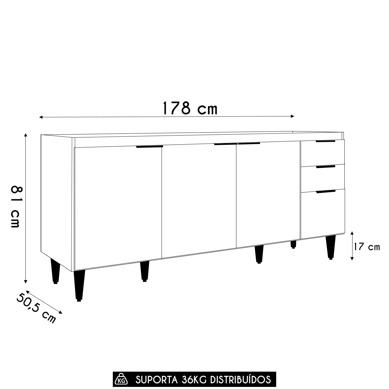 Balcão Para Pia 180cm Sem Tampo Pérola Z34 Preto            - Mpozenato