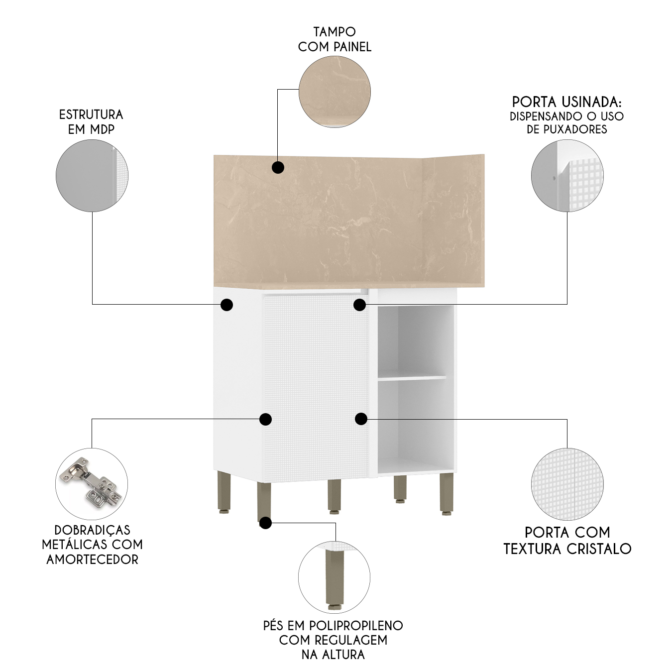 Balcão de Canto Reto Com Tampo e Painel 94cm Minsk Branco Z06 - Mpozenato