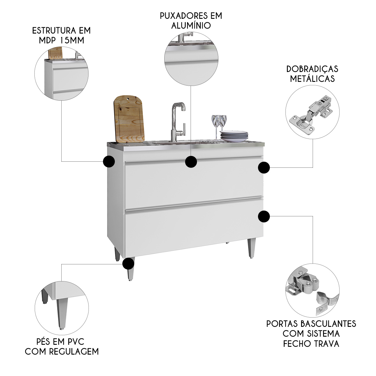 Balcão de Cozinha Com Pia Inox 100cm Julia Z34 Branco       - Mpozenato