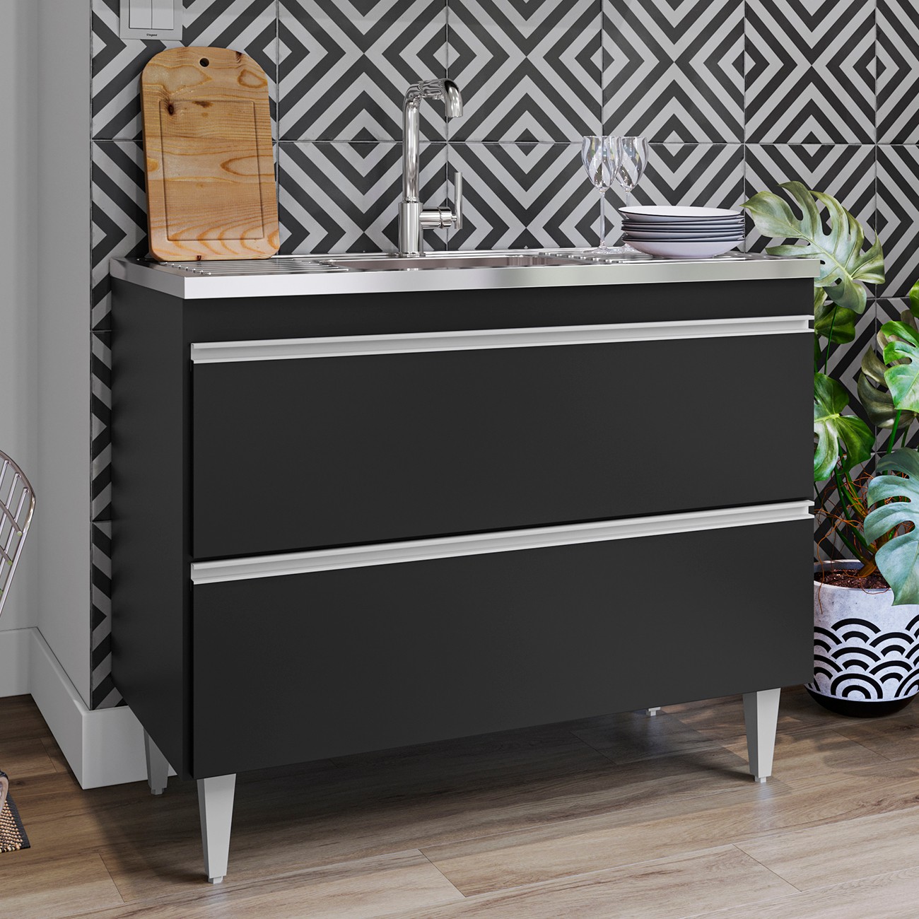 Balcão de Cozinha Com Pia Inox 100cm Julia Z34 Preto        - Mpozenato