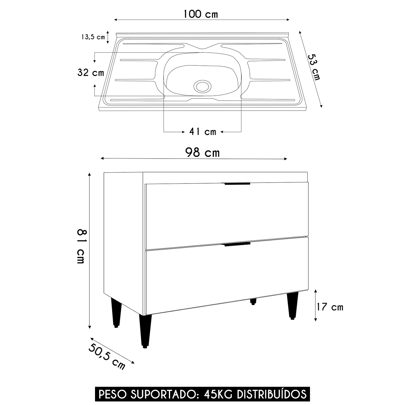Balcão de Cozinha Com Pia Inox 100cm Pérola Z34 Preto       - Mpozenato