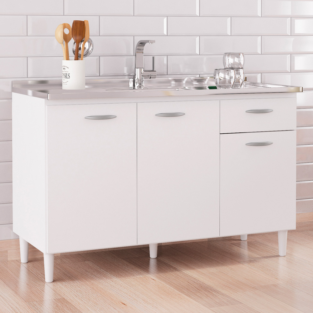 Balcão de Cozinha Com Pia Inox 120cm Classic P11 Branco - Mpozenato