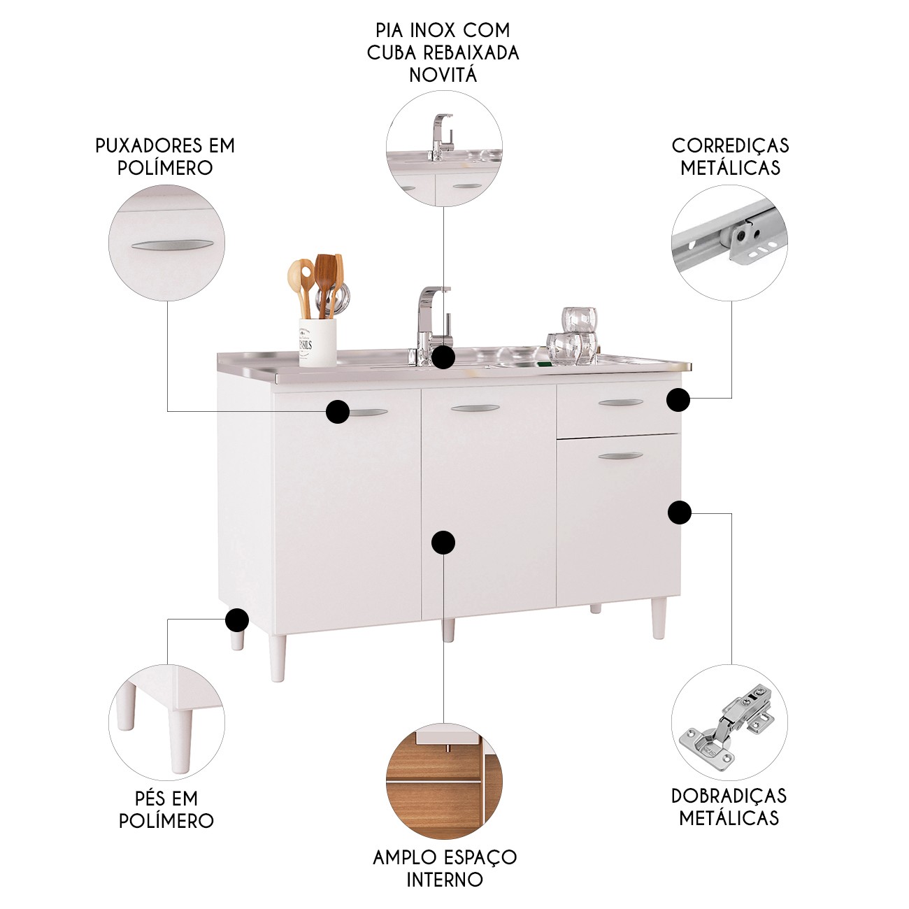Balcão de Cozinha Com Pia Inox 120cm Classic P11 Branco - Mpozenato