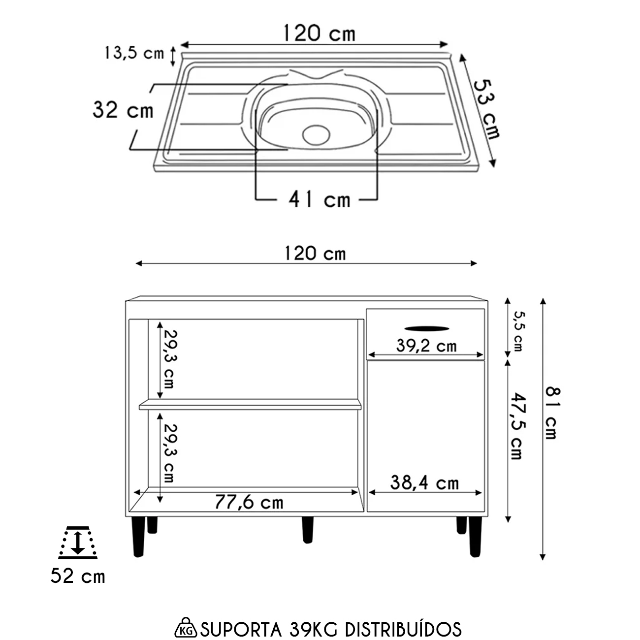 Balcão de Cozinha Com Pia Inox 120cm Classic P11 Branco - Mpozenato
