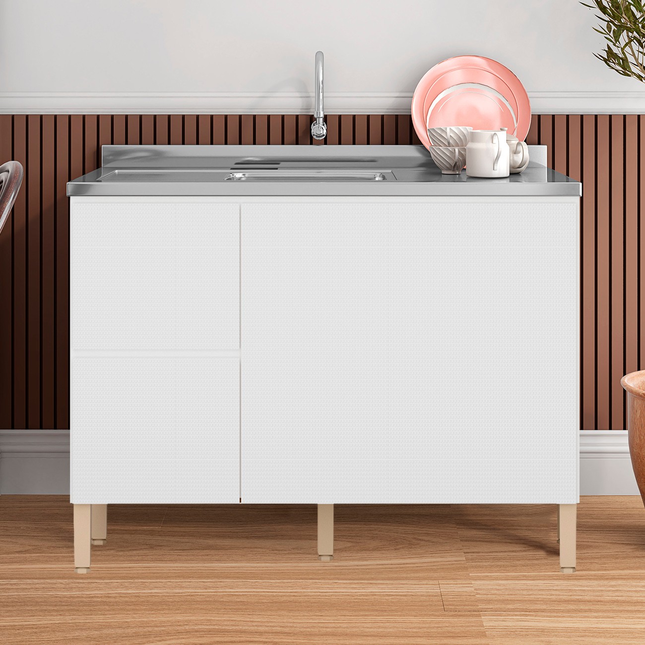 Balcão de Cozinha Com Pia Inox 120cm Minsk K02 Branco - Mpozenato