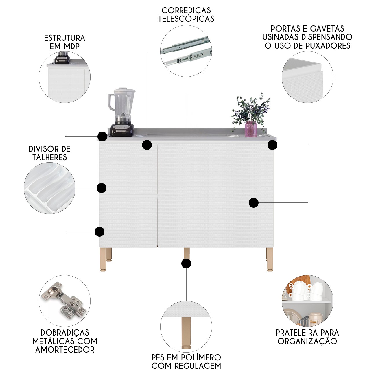 Balcão de Cozinha Com Pia Inox 120cm Minsk K02 Branco - Mpozenato