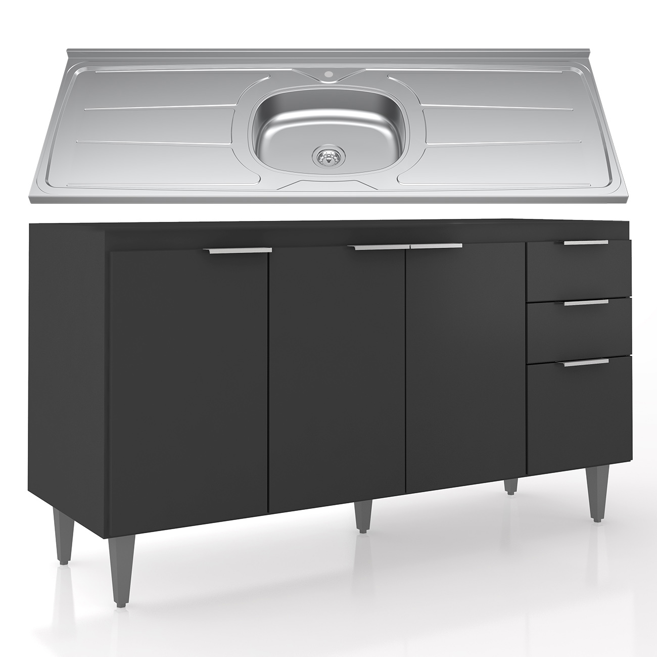 Balcão de Cozinha Com Pia Inox 150cm Pérola Z34 Preto       - Mpozenato