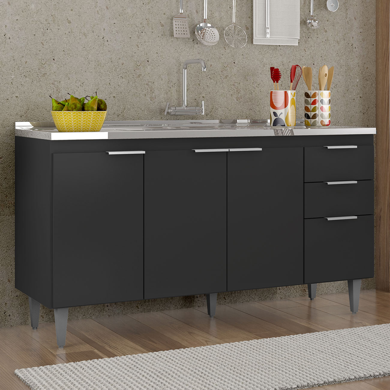 Balcão de Cozinha Com Pia Inox 150cm Pérola Z34 Preto       - Mpozenato
