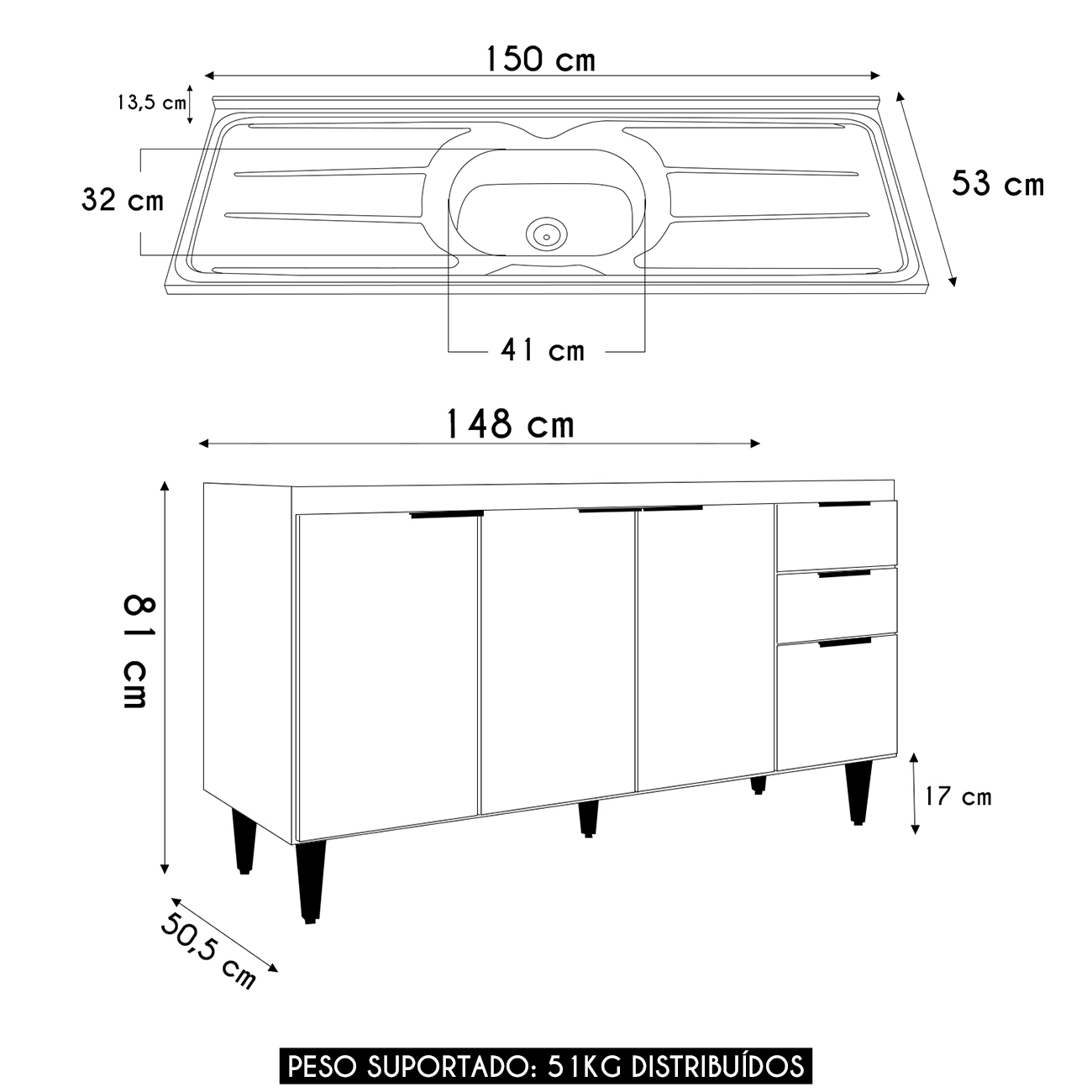 Balcão de Cozinha Com Pia Inox 150cm Pérola Z34 Preto       - Mpozenato