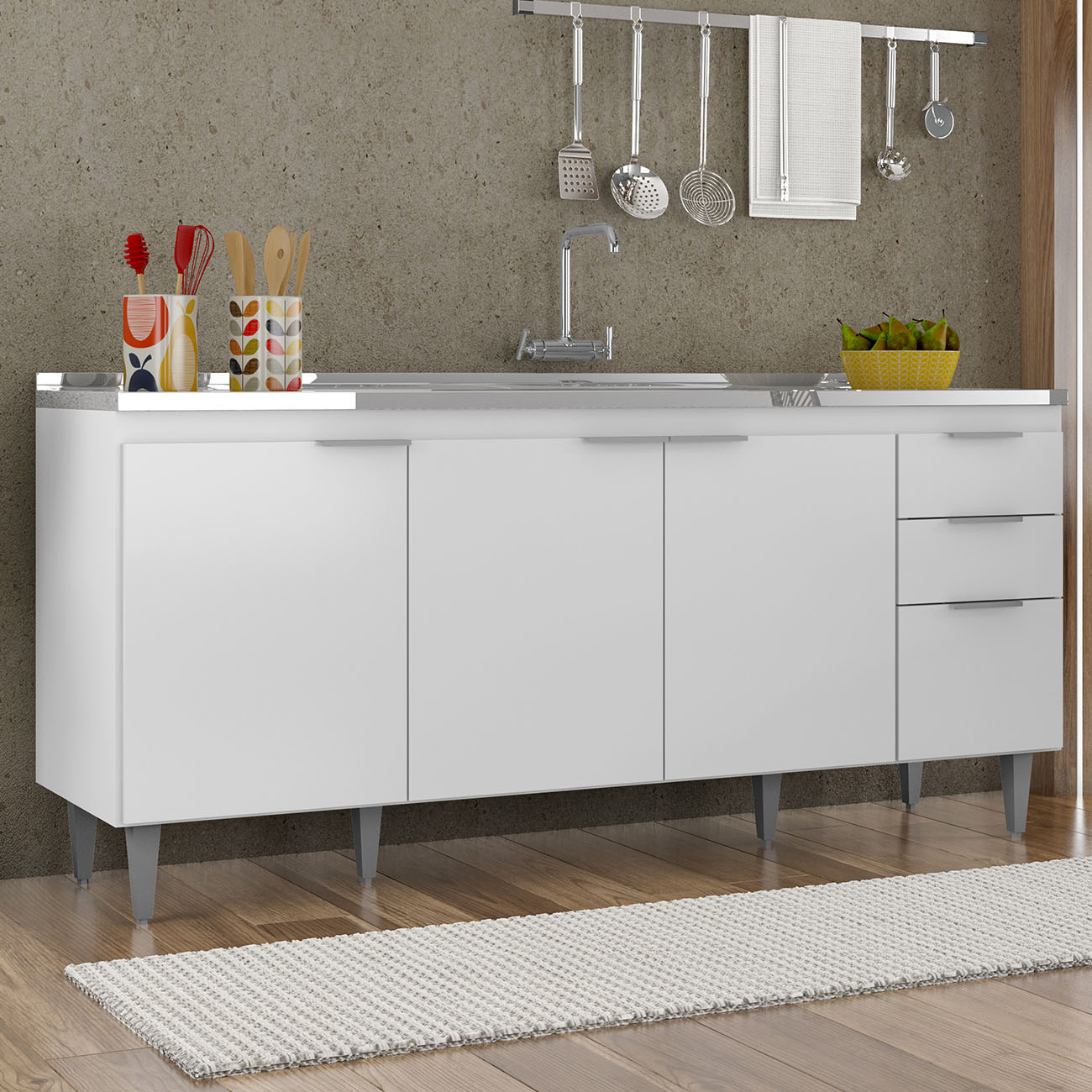 Balcão de Cozinha Com Pia Inox 180cm Pérola Z34 Branco      - Mpozenato