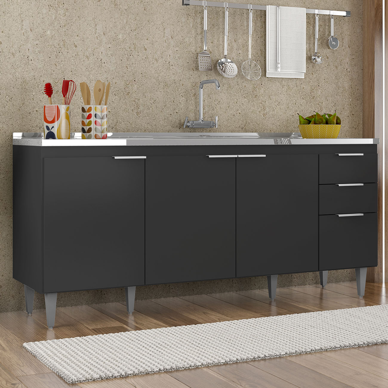 Balcão de Cozinha Com Pia Inox 180cm Pérola Z34 Preto       - Mpozenato