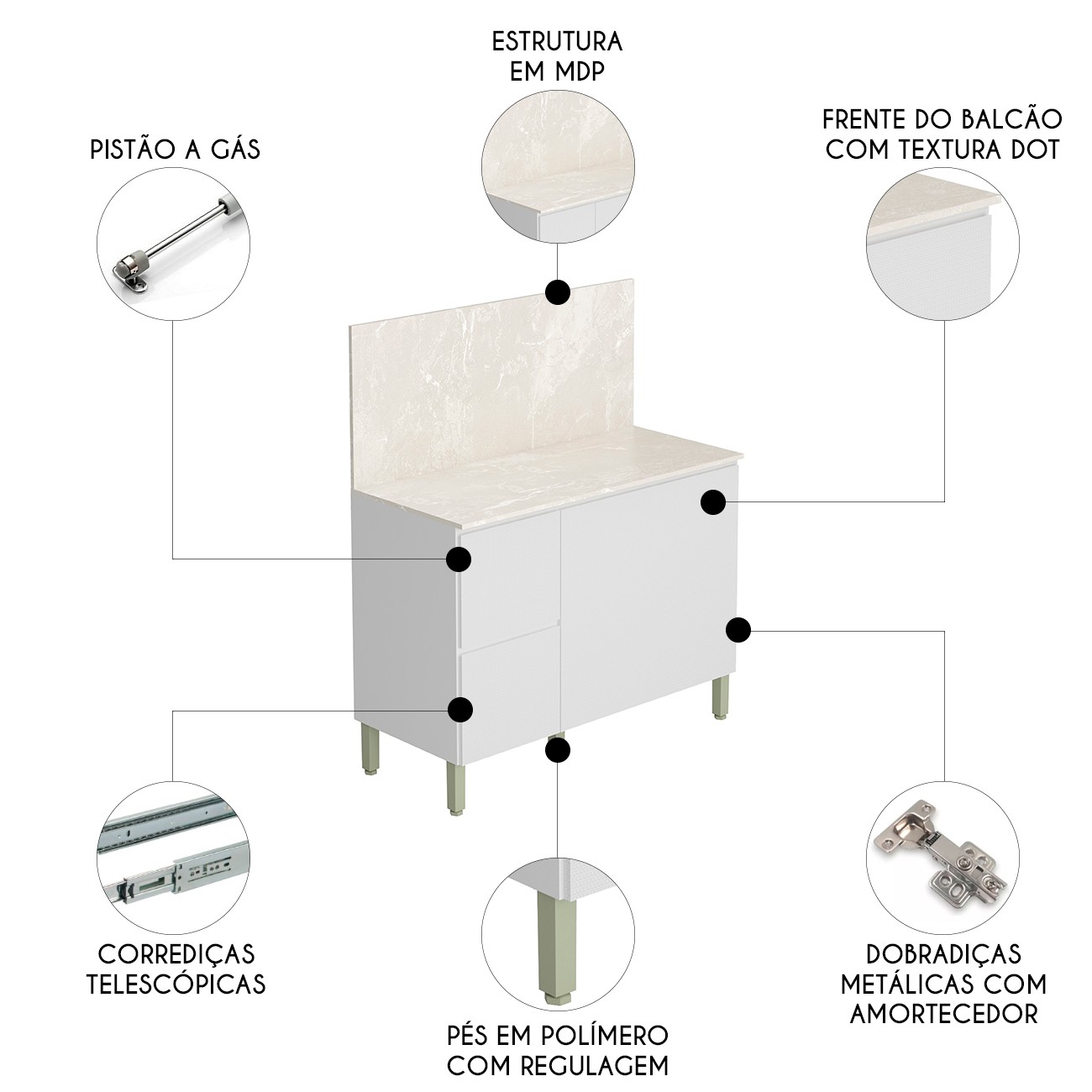 Balcão de Cozinha Com Tampo 120cm 3 Portas Minsk K02 Branco - Mpozenato