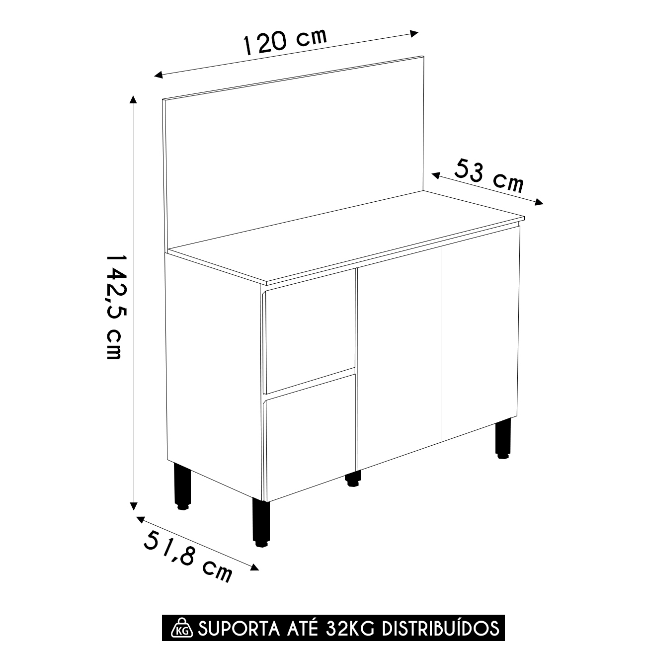 Balcão de Cozinha Com Tampo 120cm 3 Portas Minsk K02 Branco - Mpozenato