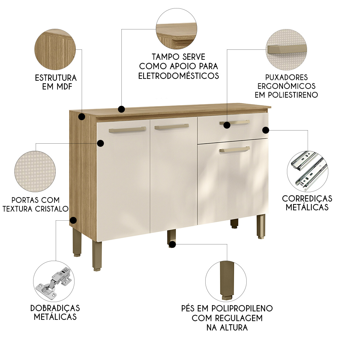 Balcão de Cozinha Com Tampo 120cm Louis Plus Freijó/Soft Z06 - Mpozenato