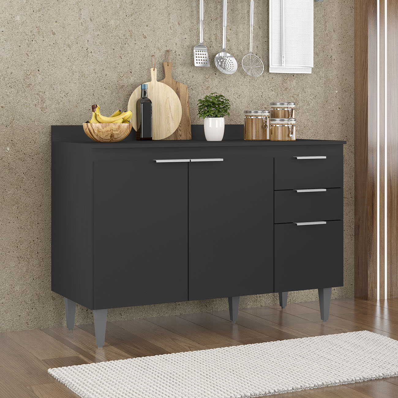 Balcão de Cozinha Com Tampo 120cm Pérola Preto Z34          - Mpozenato