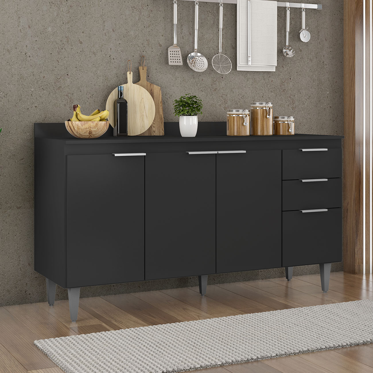 Balcão de Cozinha Com Tampo 150cm Pérola Preto Z34          - Mpozenato