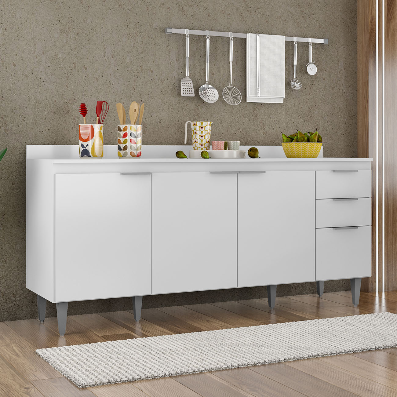 Balcão de Cozinha Com Tampo 180cm Pérola Branco Z34         - Mpozenato