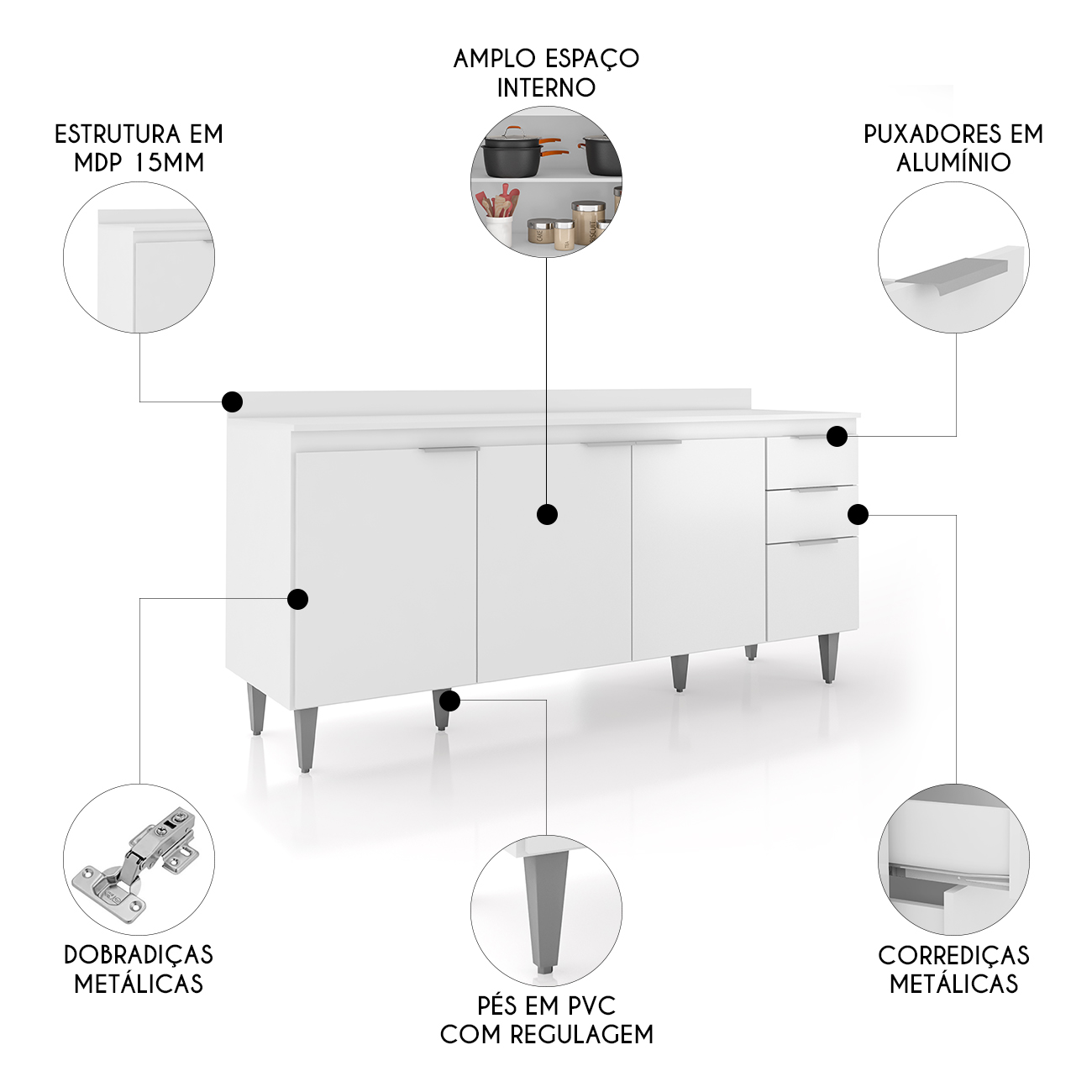 Balcão de Cozinha Com Tampo 180cm Pérola Branco Z34         - Mpozenato