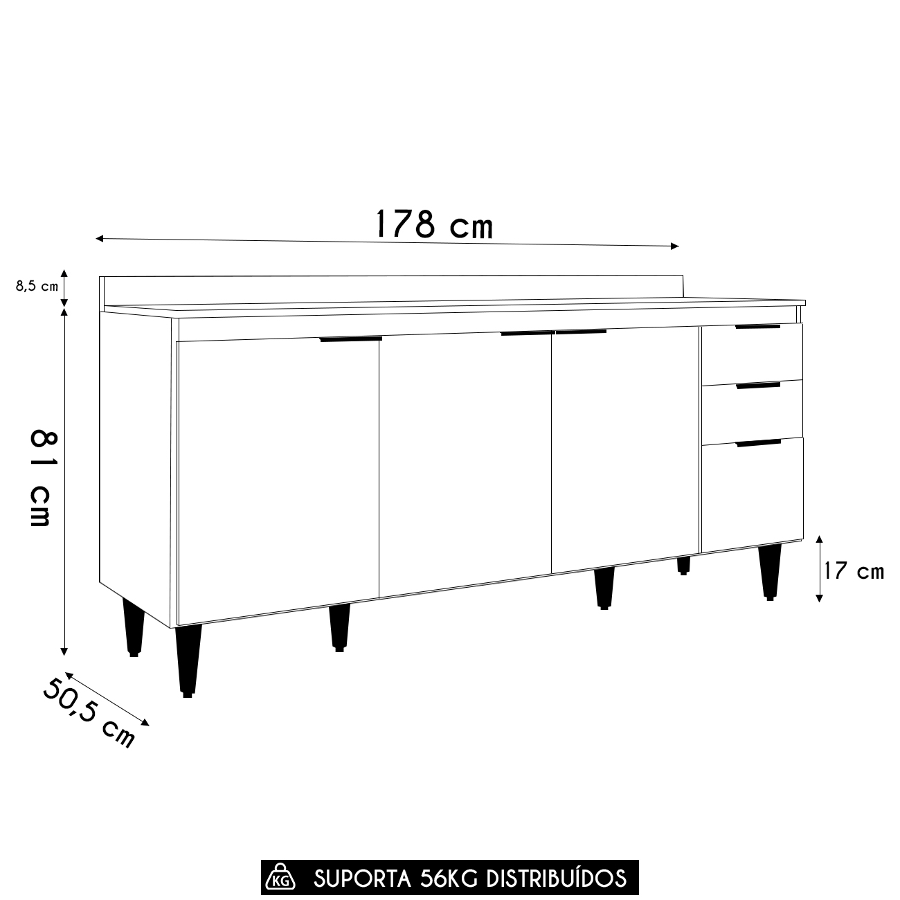Balcão de Cozinha Com Tampo 180cm Pérola Branco Z34         - Mpozenato