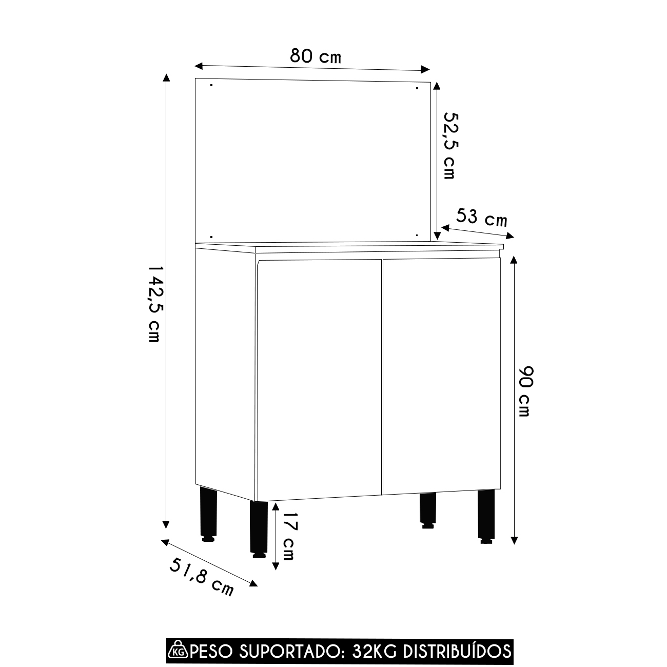 Balcão de Cozinha Com Tampo 80cm 2 Portas Minsk Branco Z06 - Mpozenato