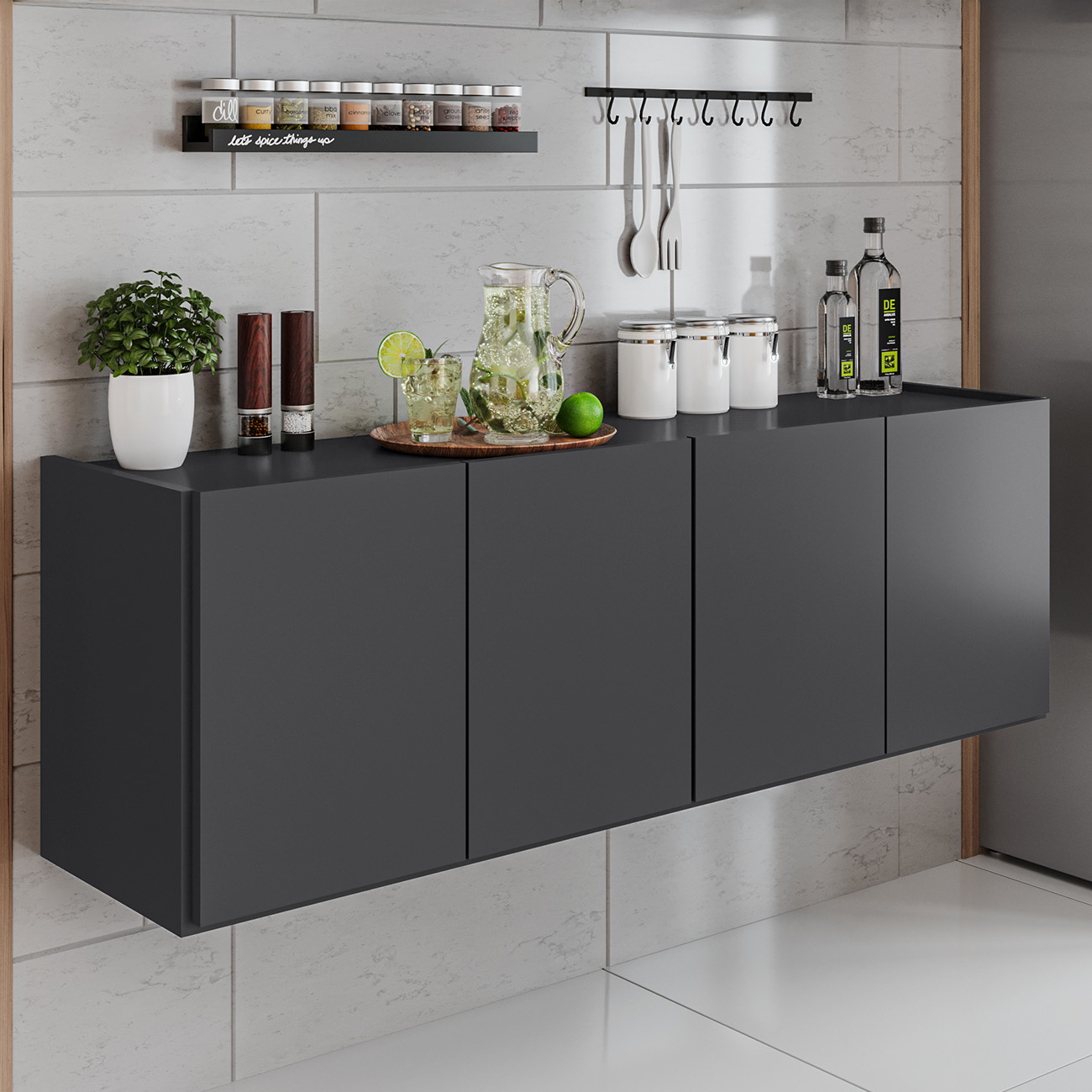 Balcão de Cozinha Suspenso 118cm 4 Portas Monna Grafite Z34   - Mpozenato