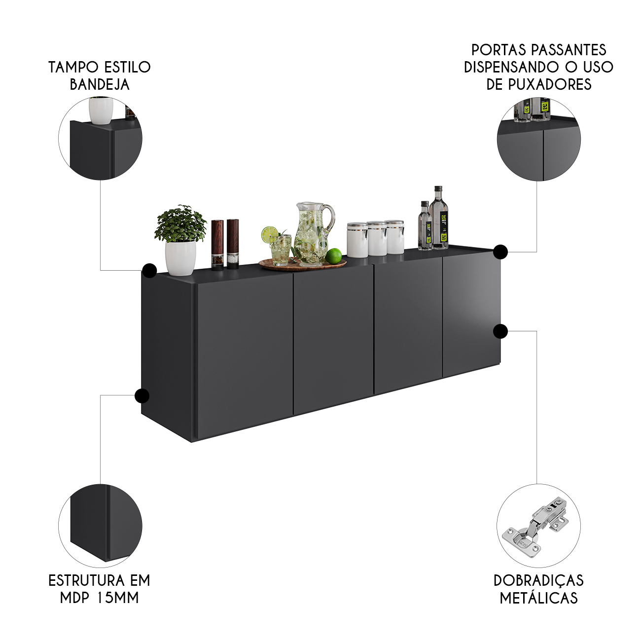 Balcão de Cozinha Suspenso 118cm 4 Portas Monna Grafite Z34   - Mpozenato