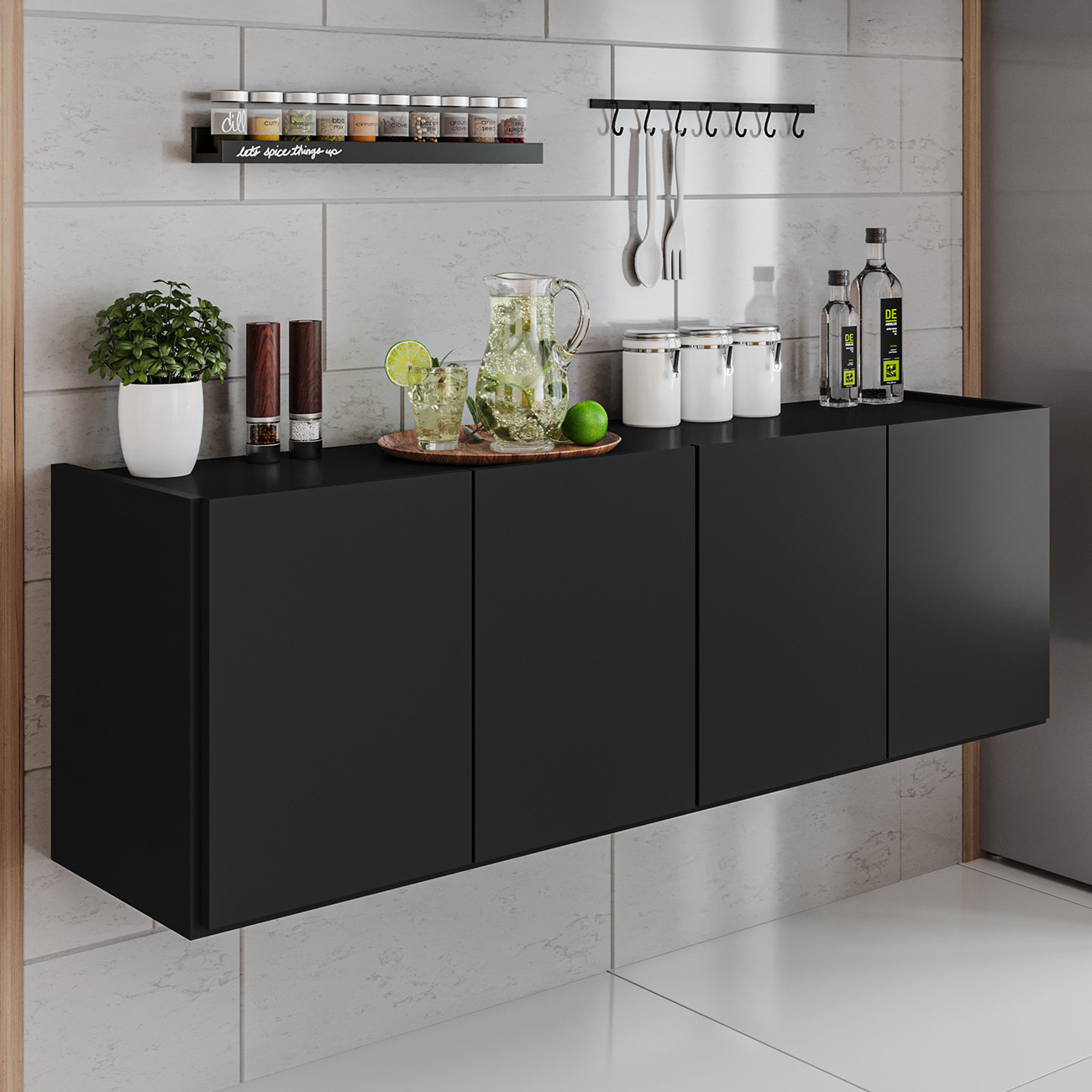 Balcão de Cozinha Suspenso 118cm 4 Portas Monna Preto Z34   - Mpozenato