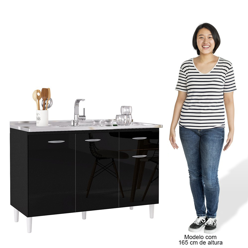 Balcão de Cozinha com Pia Inox 120cm 3 Portas Classic P11 Preto - Mpozenato