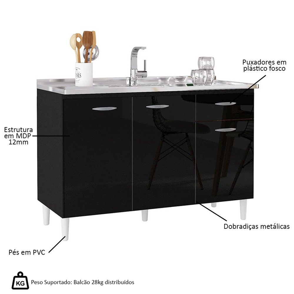 Balcão de Cozinha com Pia Inox 120cm 3 Portas Classic P11 Preto - Mpozenato