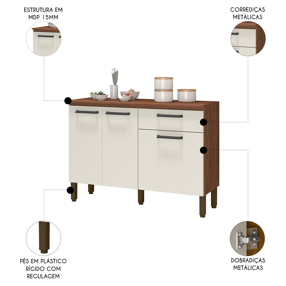 Balcão de Cozinha com Tampo 120cm Louis K02 Nogueira/Off - Mpozenato