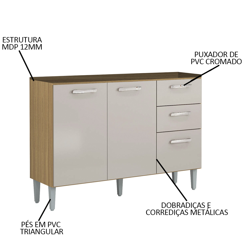 Balcão de Cozinha para Pia 120cm 3 Portas 2 Gavetas Livy P11 Damasco/Off White - Mpozenato
