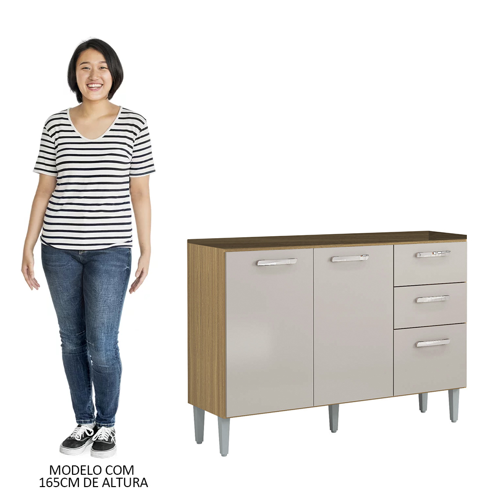 Balcão de Cozinha para Pia 120cm 3 Portas 2 Gavetas Livy P11 Damasco/Off White - Mpozenato