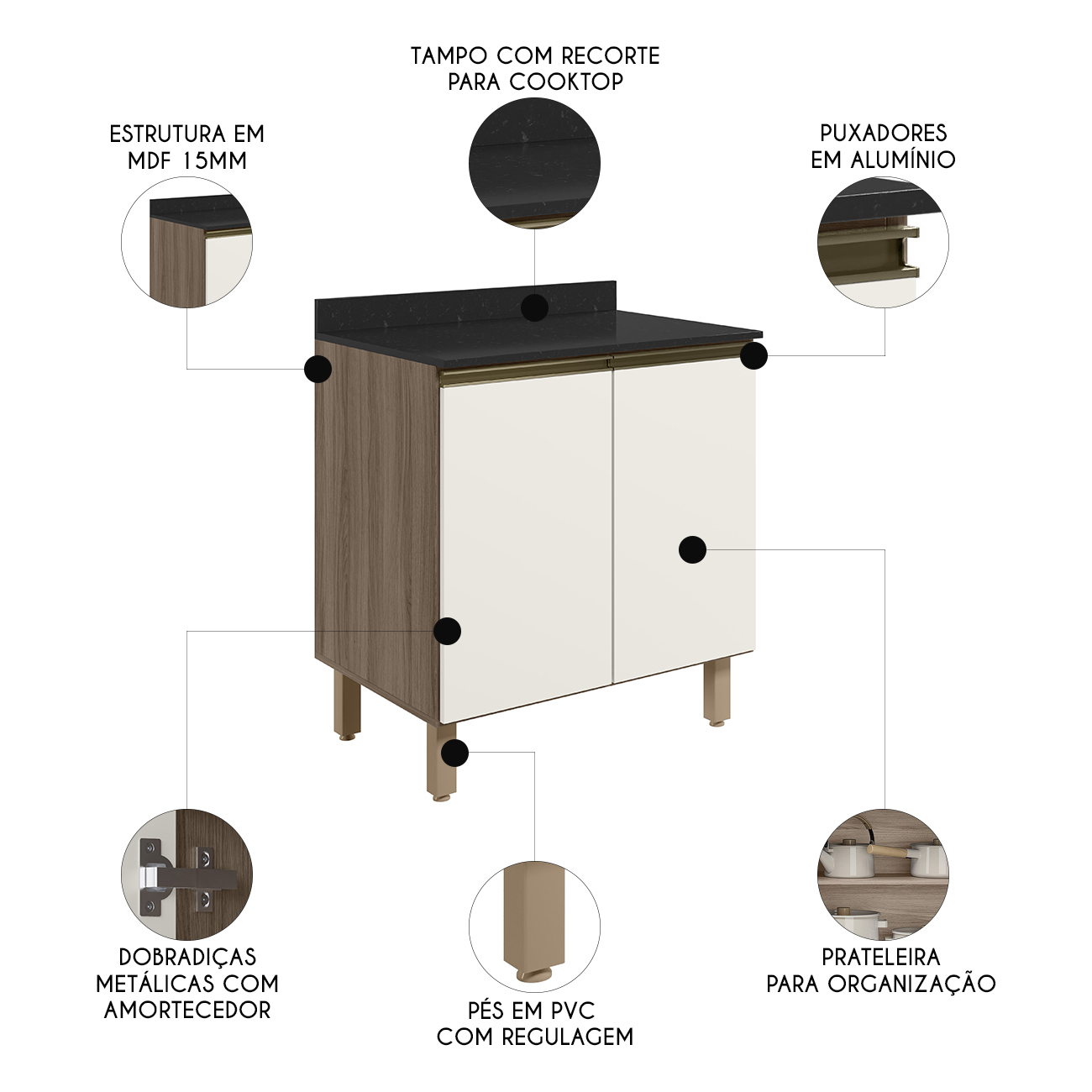 Balcão para Cooktop Com Tampo 80cm Maly N03 Carvalho/Off White - Mpozenato