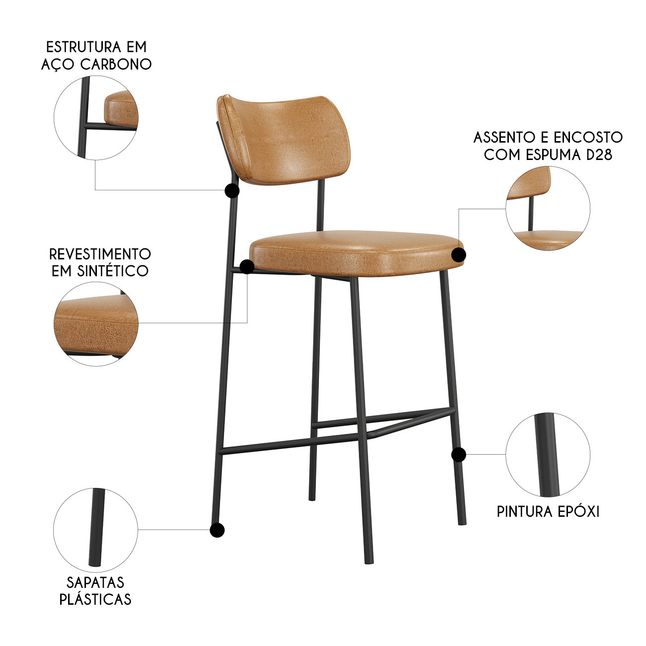 Banqueta Alta Bar Estofada Kit 2 Milli Sintético Caramelo A14 - Mpozenato