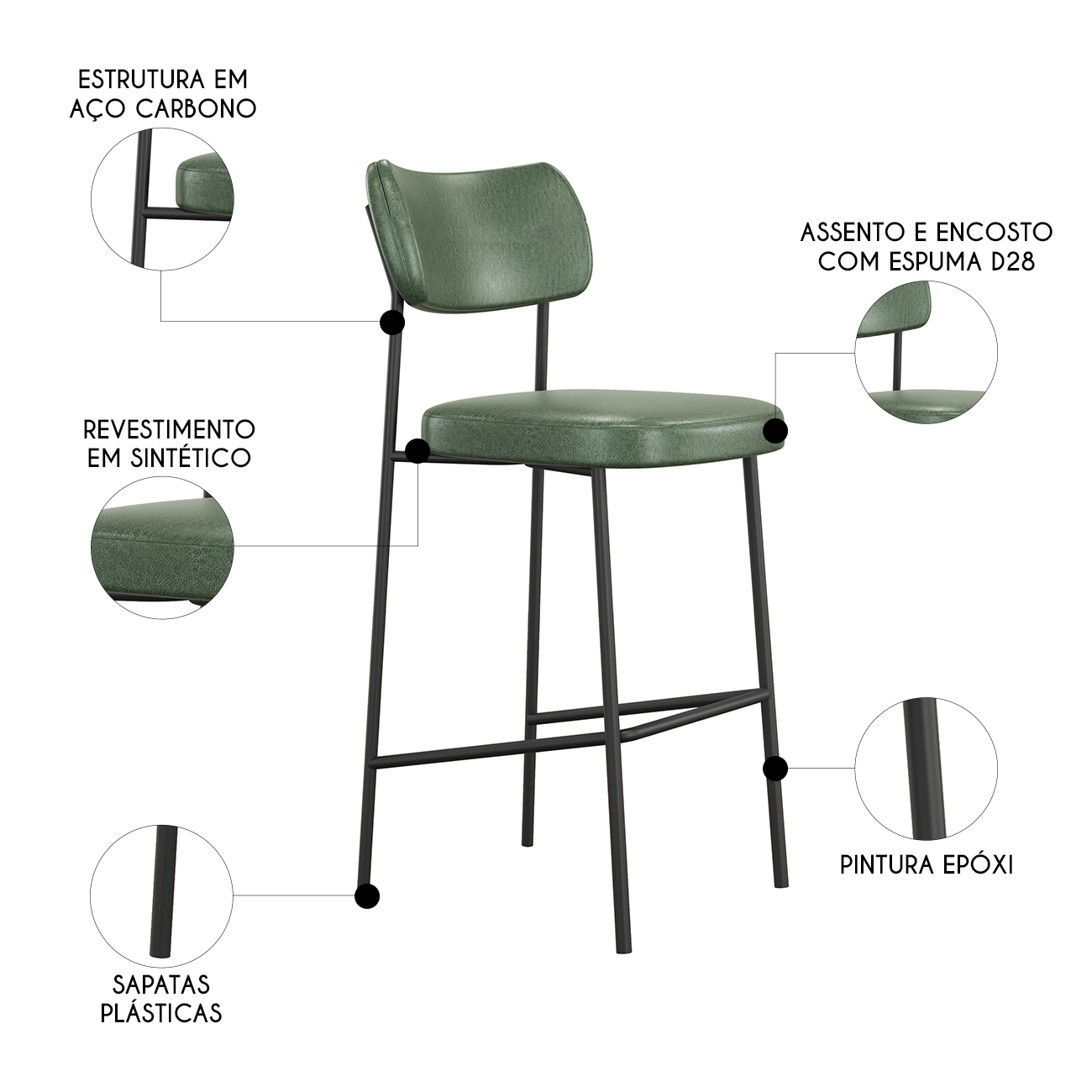 Banqueta Alta Bar Estofada Kit 2 Milli Sintético Verde A14  - Mpozenato