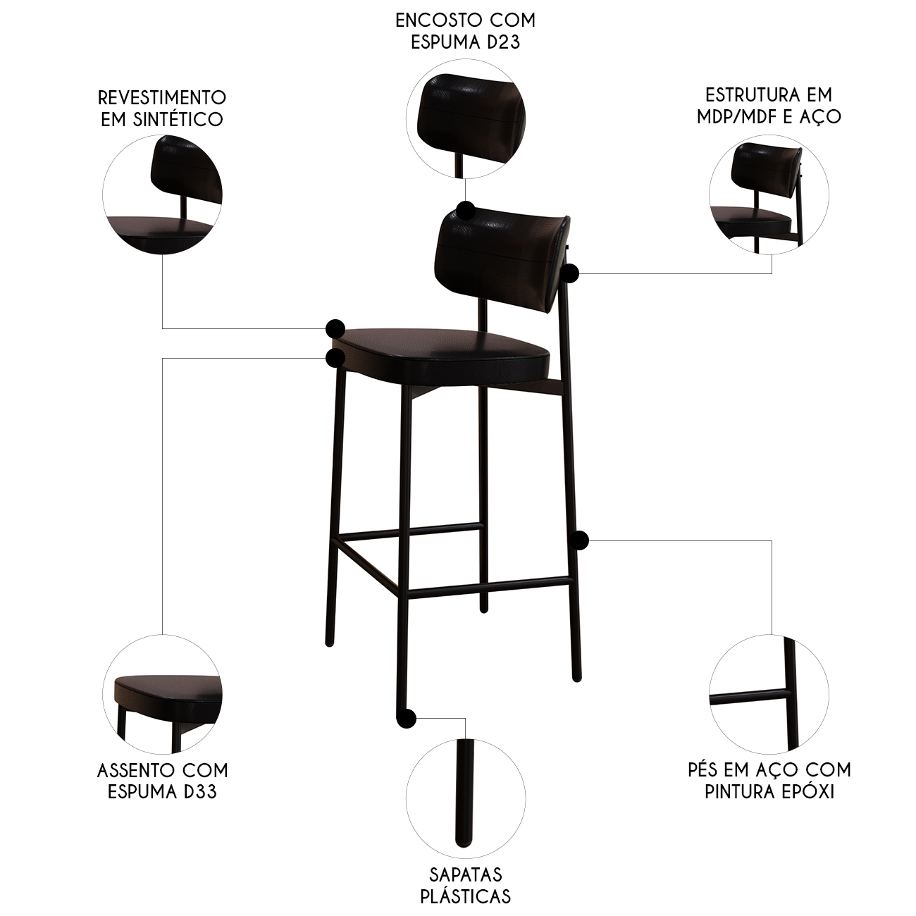 Banqueta Alta Bar Estofada Kit 6 Ella M25 Sintético Preto - Mpozenato