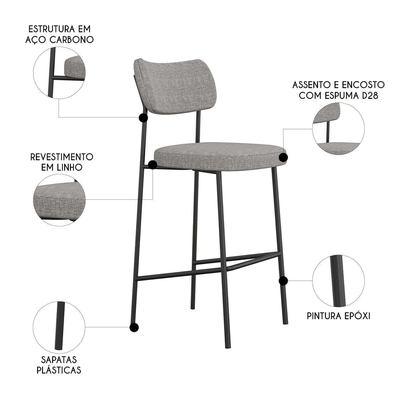 Banqueta Alta Bar Estofada Kit 8 Milli Linho Cinza A14      - Mpozenato