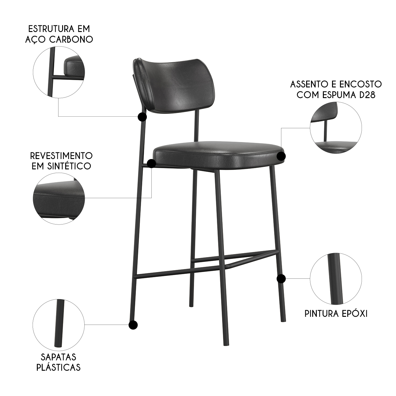 Banqueta Alta Bar Estofada Milli Sintético Preto A14        - Mpozenato