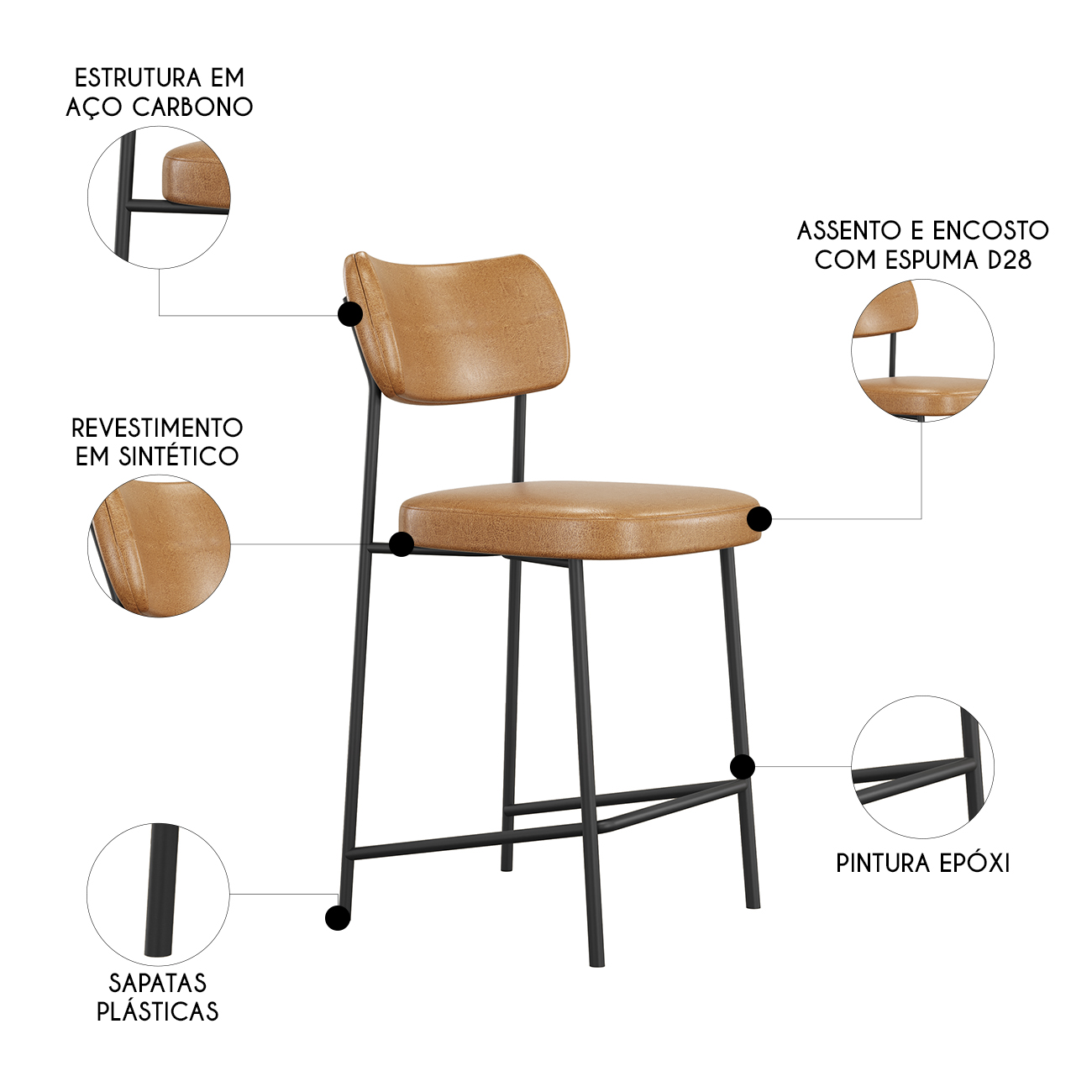 Banqueta Cozinha Média Kit 10 Milli Sintético Caramelo A14  - Mpozenato
