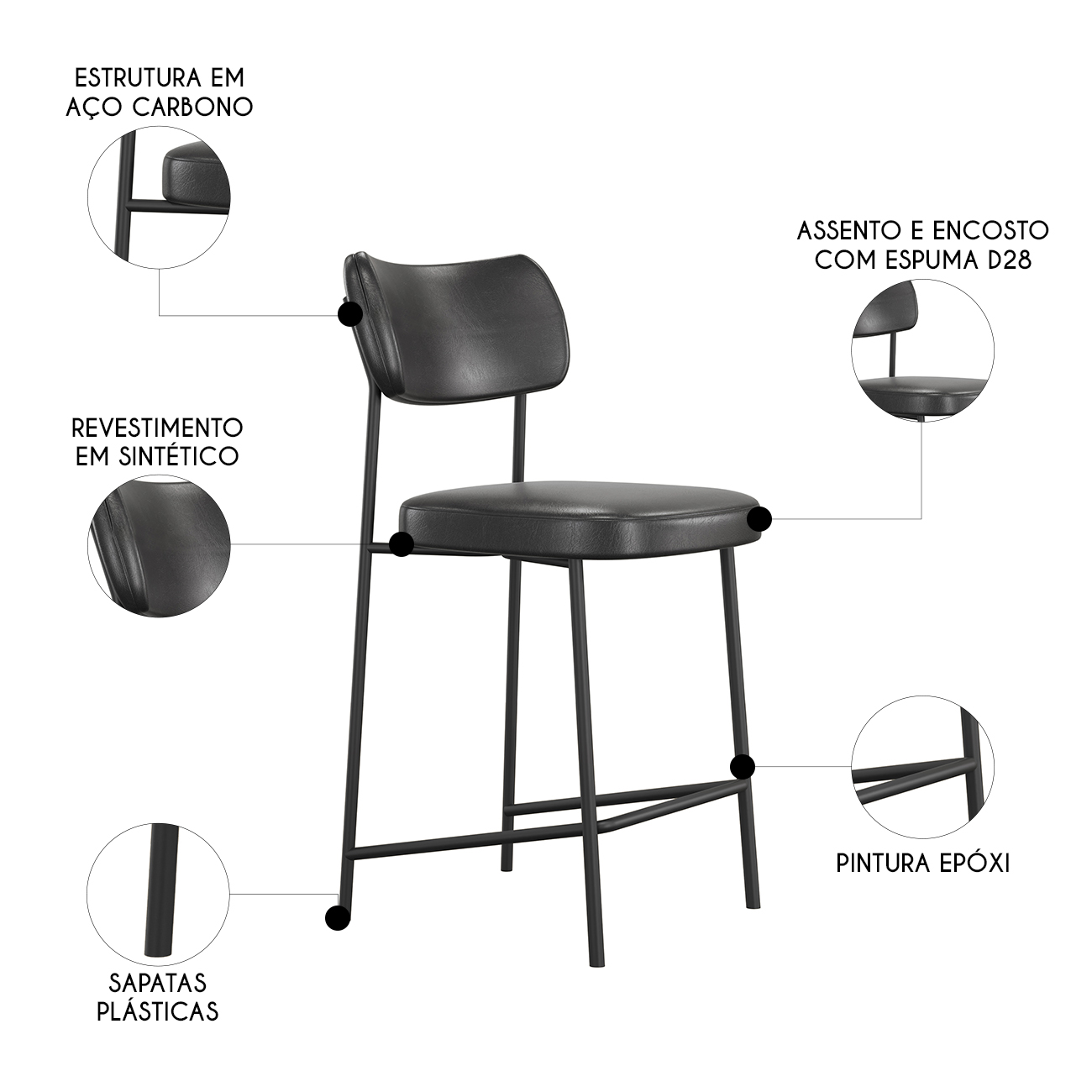 Banqueta Cozinha Média Kit 10 Milli Sintético Preto A14     - Mpozenato