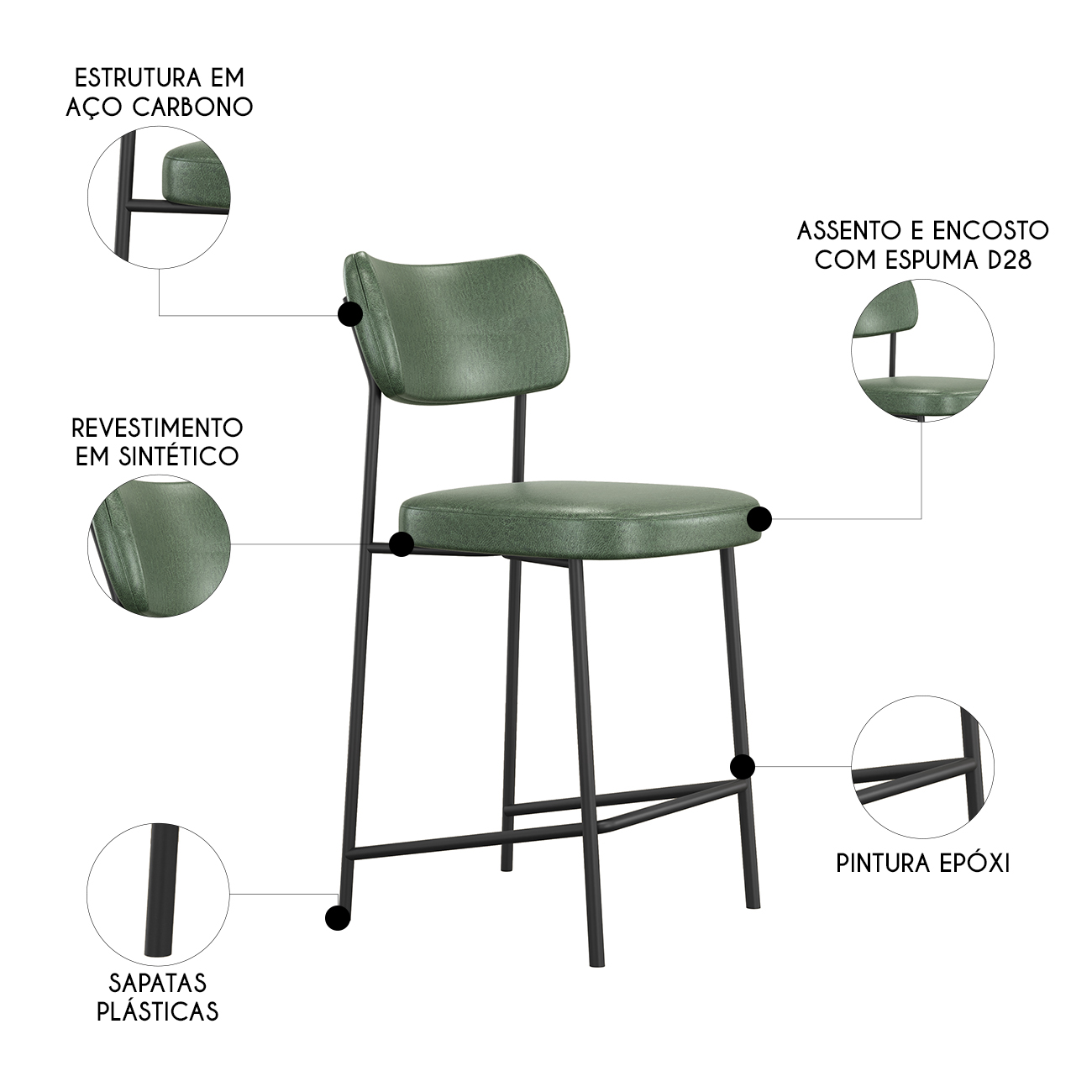 Banqueta Cozinha Média Kit 10 Milli Sintético Verde A14     - Mpozenato