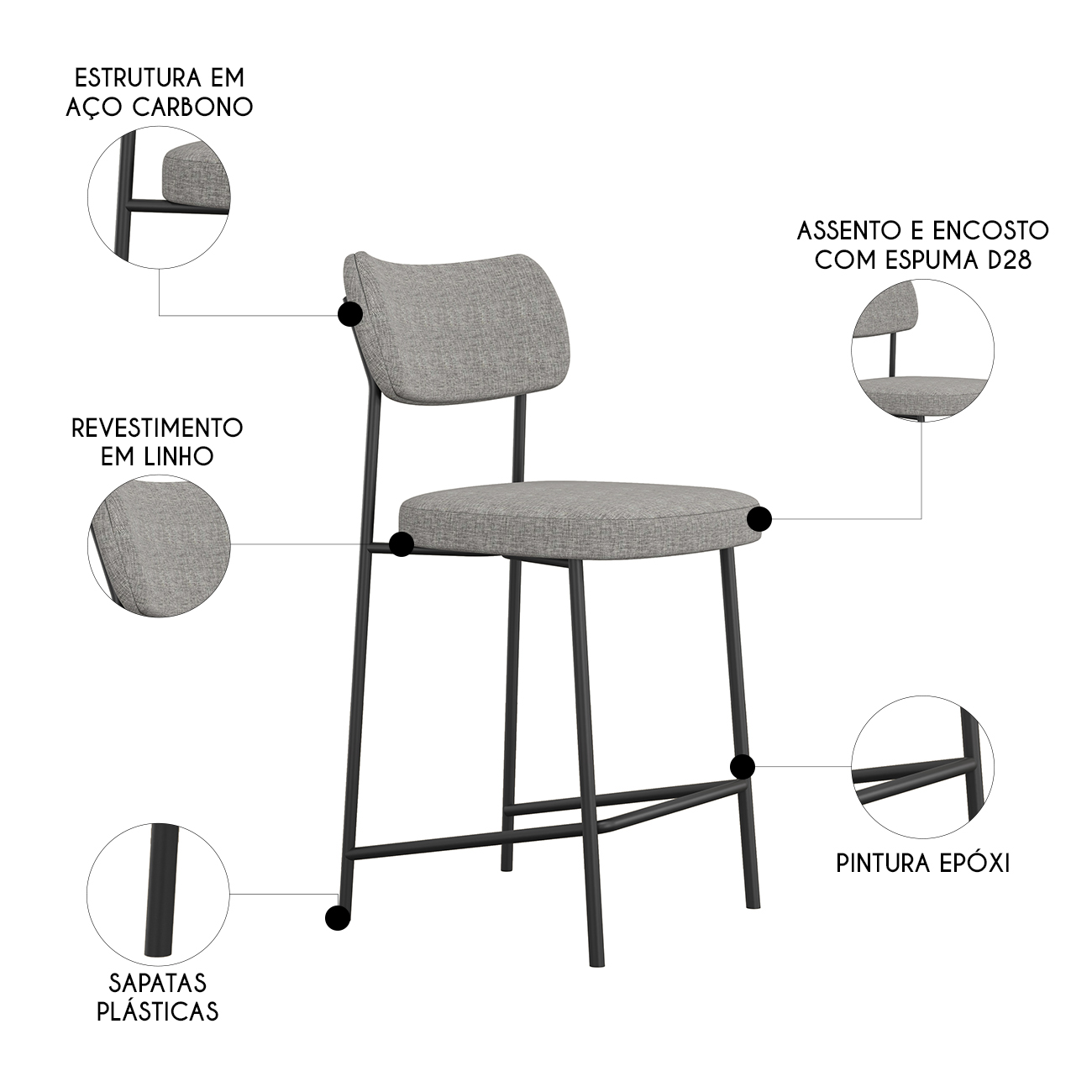 Banqueta Cozinha Média Kit 2 Milli Linho Cinza A14          - Mpozenato
