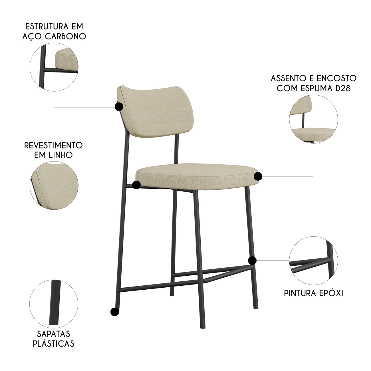 Banqueta Cozinha Média Kit 4 Milli Linho Areia A14          - Mpozenato