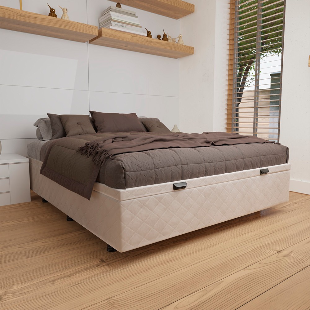 Base Box Baú para Cama Casal 138x188cm Liz S05 Suede Bordado Bege - Mpozenato