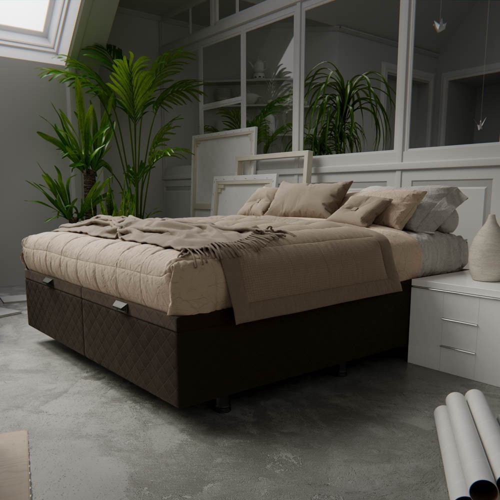 Base Box Baú para Cama Casal King 192x203cm Bipartido Liz S05 Suede Bordado Marrom - Mpozenato