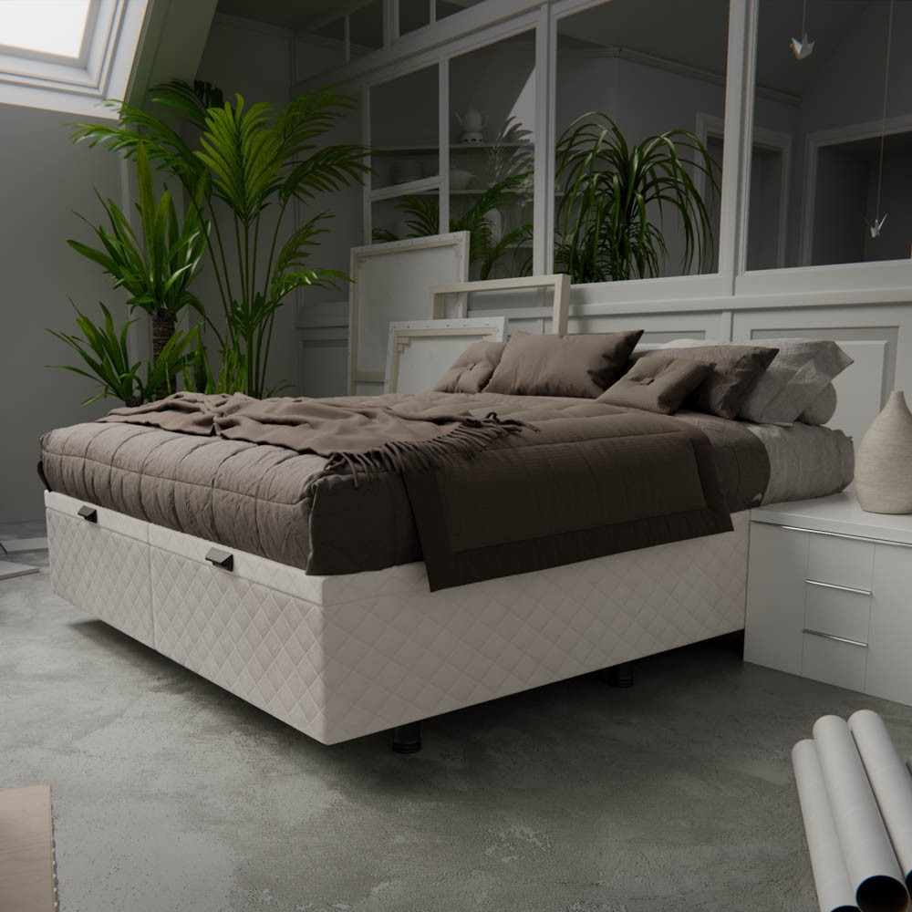 Base Box Baú para Cama Casal Queen 158x198cm Bipartido Liz S05 Suede Bordado Bege - Mpozenato