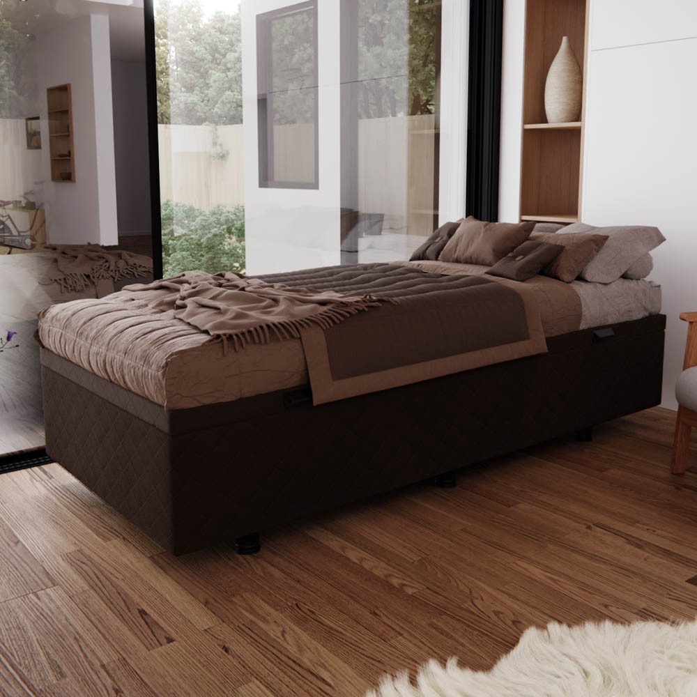 Base Box Baú para Cama Solteiro 88x188cm Liz S05 Suede Bordado Marrom - Mpozenato