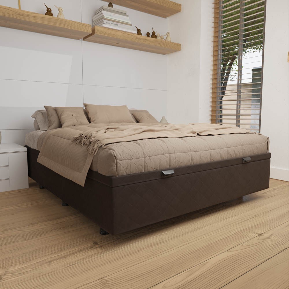Base Box Baú para Cama Viúva 128x188cm Liz S05 Suede Bordado Marrom - Mpozenato