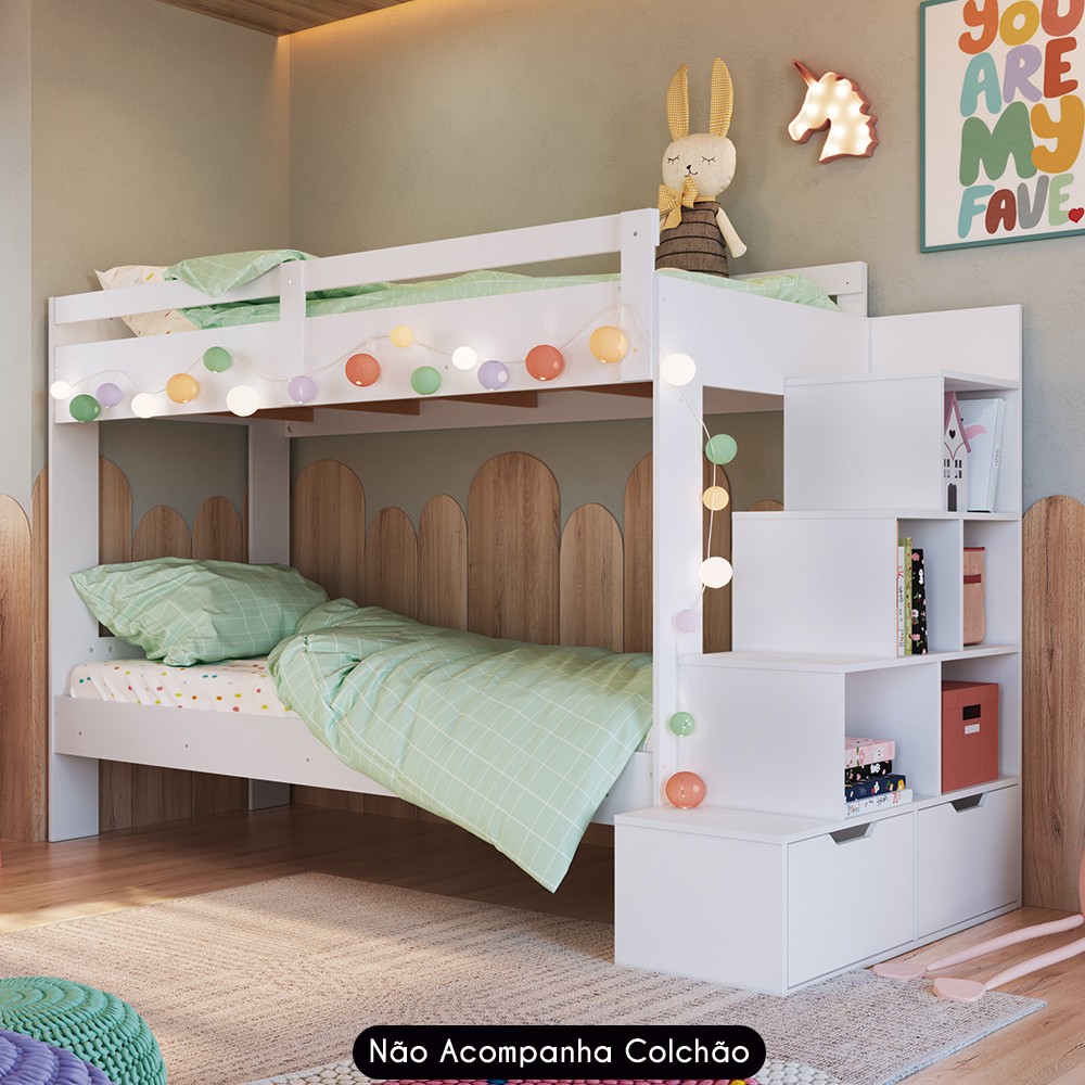 Beliche Infantil Com Escada Nichos e Gavetas Infix C06 Branco - Mpozenato