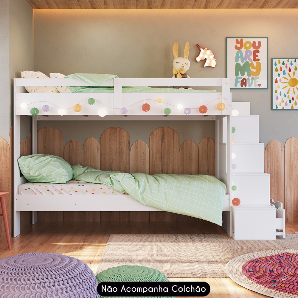 Beliche Infantil Com Escada Nichos e Gavetas Infix C06 Branco - Mpozenato
